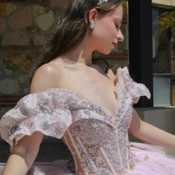 Lace Appliques Pink Quinceanera Dresses V Neck Off Shoulder 2024 Ball Gown Princess Dress Vestidos De 15 Anos With Bow