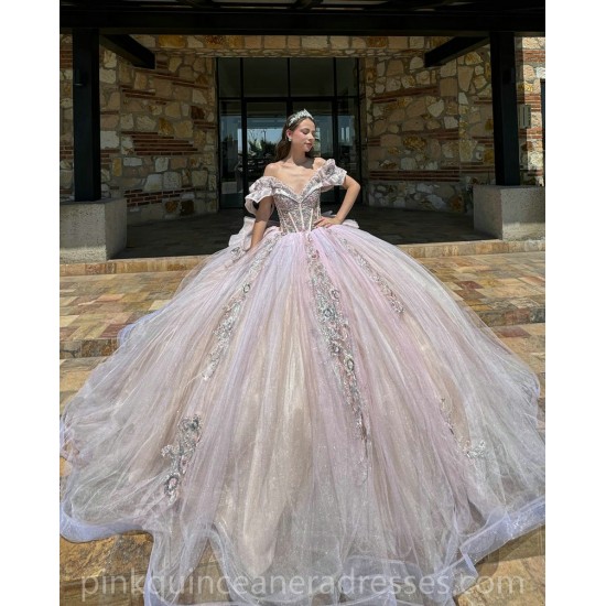 Lace Appliques Pink Quinceanera Dresses V Neck Off Shoulder 2024 Ball Gown Princess Dress Vestidos De 15 Anos With Bow