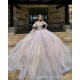 Lace Appliques Pink Quinceanera Dresses V Neck Off Shoulder 2024 Ball Gown Princess Dress Vestidos De 15 Anos With Bow