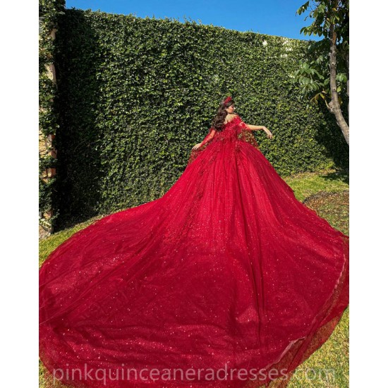 Girls Ball Gown Sweet 16 Dresses Red Quince Dress Sweetheart Neck Appliques Lace Vestidos De 15 Anos Sequin Wear Pageant With Cape Sleeve