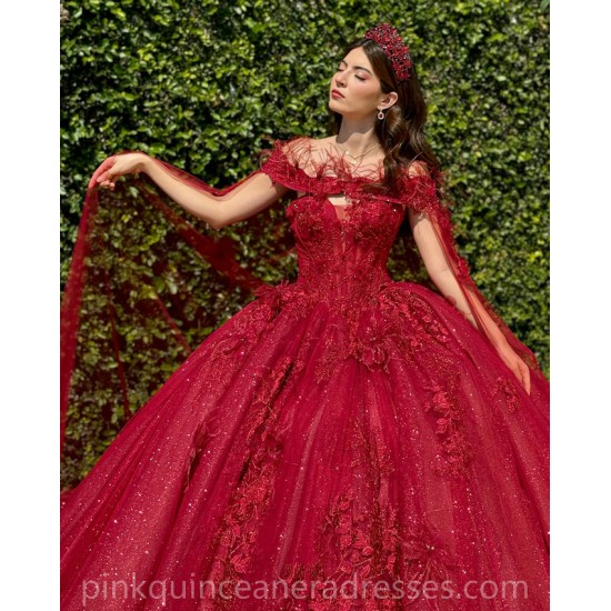 Girls Ball Gown Sweet 16 Dresses Red Quince Dress Sweetheart Neck Appliques Lace Vestidos De 15 Anos Sequin Wear Pageant With Cape Sleeve