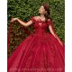 Girls Ball Gown Sweet 16 Dresses Red Quince Dress Sweetheart Neck Appliques Lace Vestidos De 15 Anos Sequin Wear Pageant With Cape Sleeve