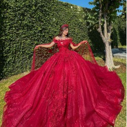 Girls Ball Gown Sweet 16 Dresses Red Quince Dress Sweetheart Neck Appliques Lace Vestidos De 15 Anos Sequin Wear Pageant With Cape Sleeve