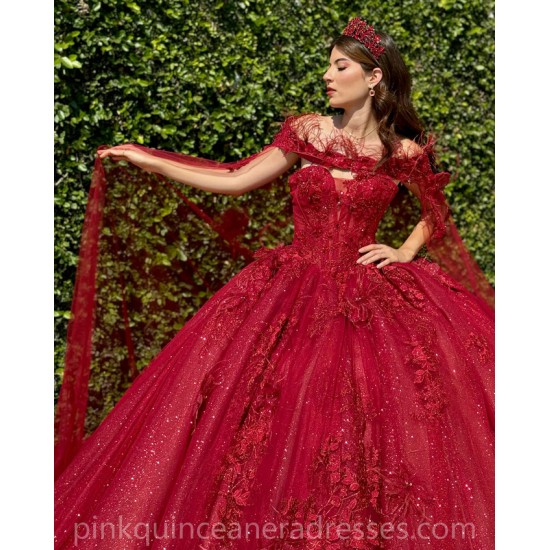 Girls Ball Gown Sweet 16 Dresses Red Quince Dress Sweetheart Neck Appliques Lace Vestidos De 15 Anos Sequin Wear Pageant With Cape Sleeve