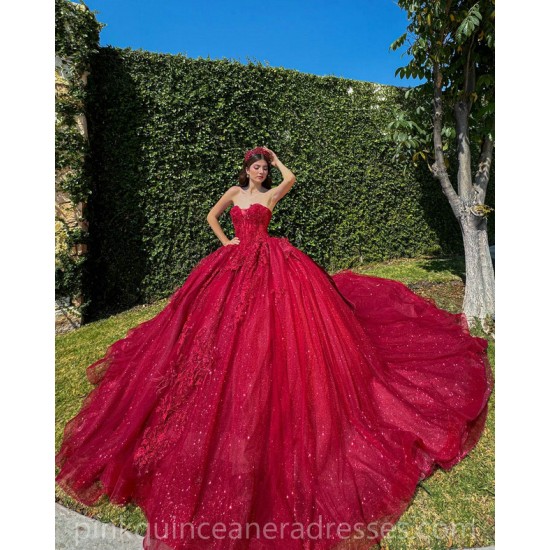 Girls Ball Gown Sweet 16 Dresses Red Quince Dress Sweetheart Neck Appliques Lace Vestidos De 15 Anos Sequin Wear Pageant With Cape Sleeve