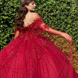 Girls Ball Gown Sweet 16 Dresses Red Quince Dress Sweetheart Neck Appliques Lace Vestidos De 15 Anos Sequin Wear Pageant With Cape Sleeve