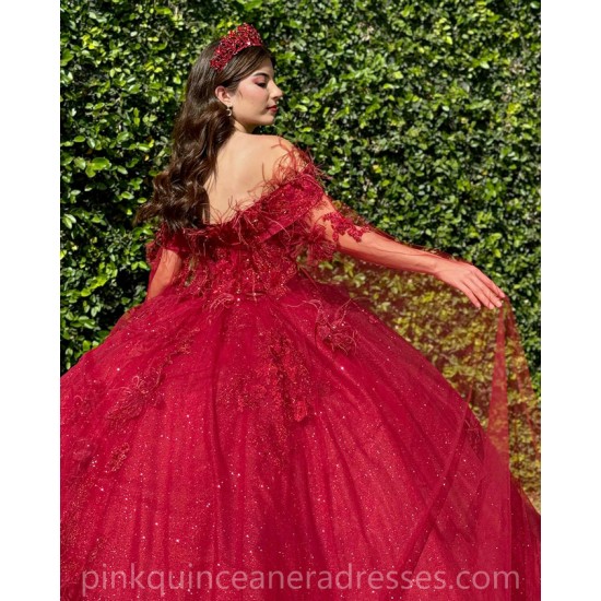 Girls Ball Gown Sweet 16 Dresses Red Quince Dress Sweetheart Neck Appliques Lace Vestidos De 15 Anos Sequin Wear Pageant With Cape Sleeve