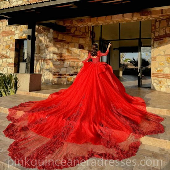 Long Sleeve Red Quinceanera Dress Sequin Vestidos De 15 Anos Lace Appliques Wear Pageant Women 2024 Ball Gown