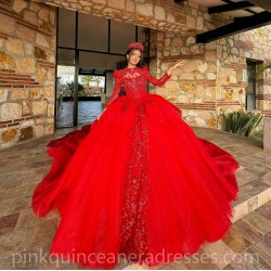 Long Sleeve Red Quinceanera Dress Sequin Vestidos De 15 Anos Lace Appliques Wear Pageant Women 2024 Ball Gown