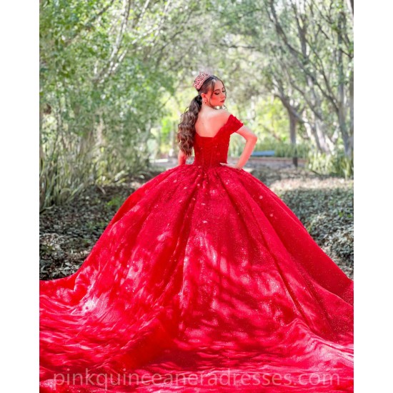 Off Shoulder Red Quinceanera Dress Vestidos De 15 Anos Sequin Wear Pageant Sweetheart Neck Sweet 15 Prom Party Dresses