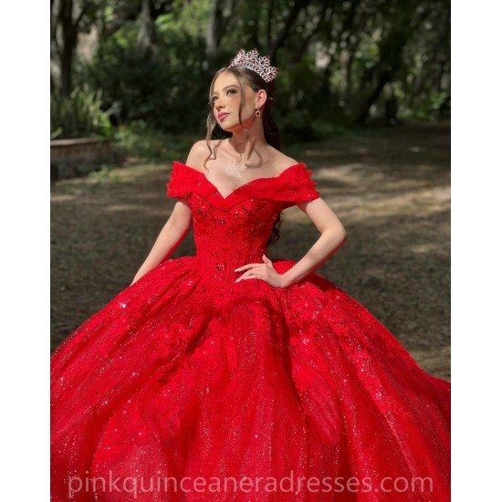 Off Shoulder Red Quinceanera Dress Vestidos De 15 Anos Sequin Wear Pageant Sweetheart Neck Sweet 15 Prom Party Dresses