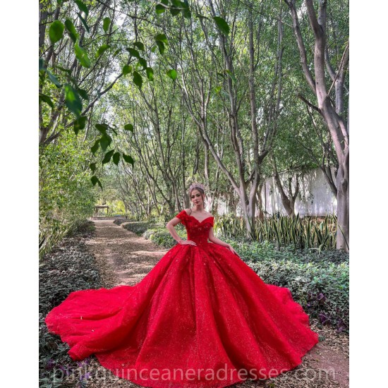 Off Shoulder Red Quinceanera Dress Vestidos De 15 Anos Sequin Wear Pageant Sweetheart Neck Sweet 15 Prom Party Dresses