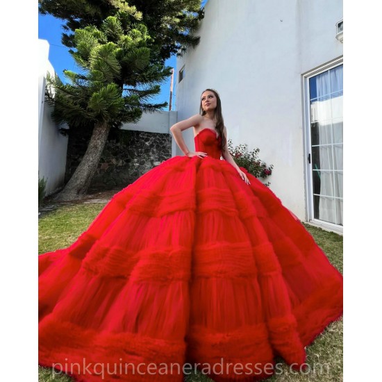 Ruffled Red Quinceanera Dress Birthday Party Dresses Sleeveless Sweetheart Neck Vestidos De 15 Anos