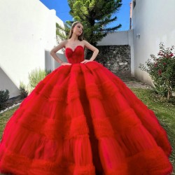 Ruffled Red Quinceanera Dress Birthday Party Dresses Sleeveless Sweetheart Neck Vestidos De 15 Anos