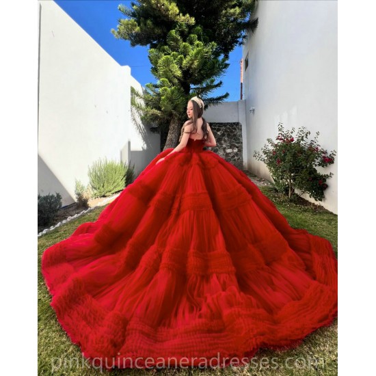 Ruffled Red Quinceanera Dress Birthday Party Dresses Sleeveless Sweetheart Neck Vestidos De 15 Anos