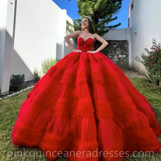 Ruffled Red Quinceanera Dress Birthday Party Dresses Sleeveless Sweetheart Neck Vestidos De 15 Anos