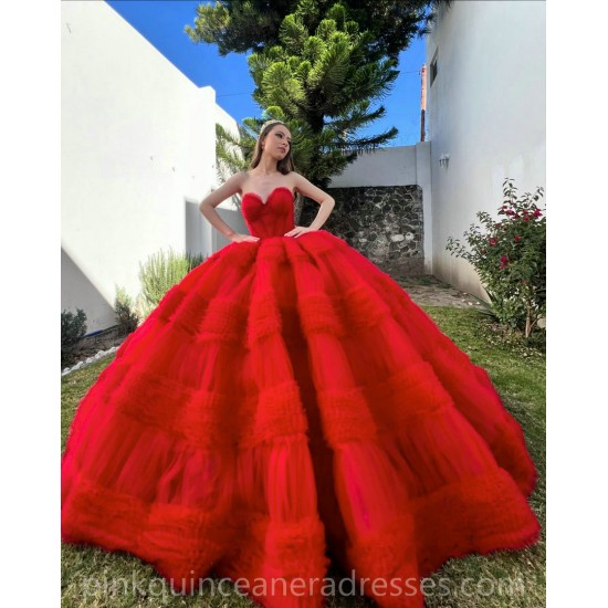 Ruffled Red Quinceanera Dress Birthday Party Dresses Sleeveless Sweetheart Neck Vestidos De 15 Anos