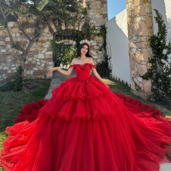 Red Quinceanera Dresses Sweetheart Neck Off Shoulder 2024 Ball Gown Princess Dress Tiered Vestidos De 15 Anos