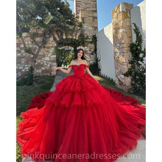 Red Quinceanera Dresses Sweetheart Neck Off Shoulder 2024 Ball Gown Princess Dress Tiered Vestidos De 15 Anos