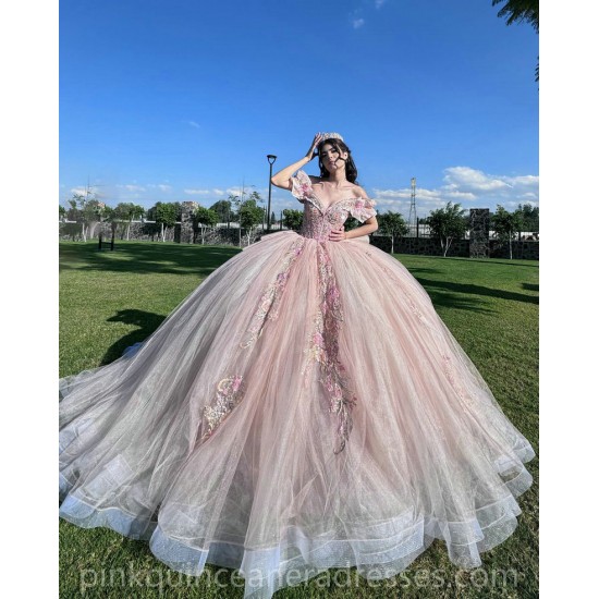 Off Shoulder Rose Gold Quinceanera Dress Lace Appliques Birthday Party Dresses Sweetheart Neck Vestidos De 15 Anos