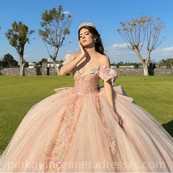 Off Shoulder Rose Gold Quinceanera Dress Lace Appliques Birthday Party Dresses Sweetheart Neck Vestidos De 15 Anos