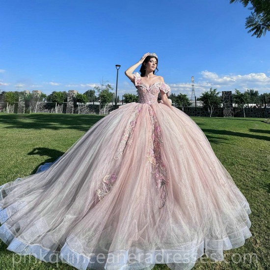 Off Shoulder Rose Gold Quinceanera Dress Lace Appliques Birthday Party Dresses Sweetheart Neck Vestidos De 15 Anos