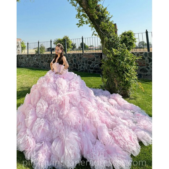 Ruffled Pink Quince Dress Sweetheart Neck Girls Sweet 16 Dresses Lace Vestidos De 15 Anos Off Shoulder Wear Pageant