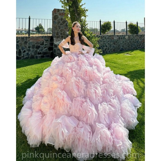 Ruffled Pink Quince Dress Sweetheart Neck Girls Sweet 16 Dresses Lace Vestidos De 15 Anos Off Shoulder Wear Pageant