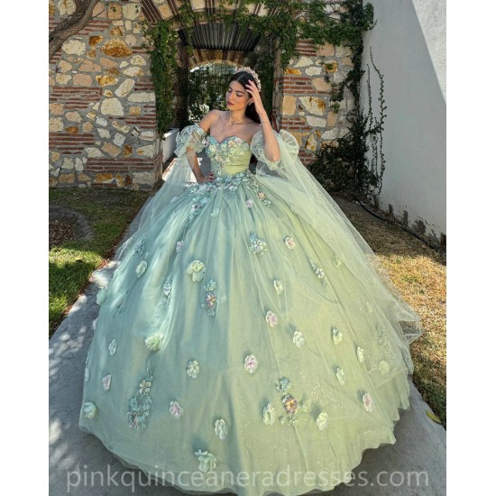 Sweetheart Neck Sage Green Quince Dress Girls Sweet 16 Dresses Sequin 3D Flowers Vestidos De 15 Anos Wear Pageant