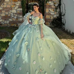 Sweetheart Neck Sage Green Quince Dress Girls Sweet 16 Dresses Sequin 3D Flowers Vestidos De 15 Anos Wear Pageant