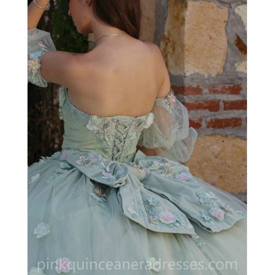 Sweetheart Neck Sage Green Quince Dress Girls Sweet 16 Dresses Sequin 3D Flowers Vestidos De 15 Anos Wear Pageant