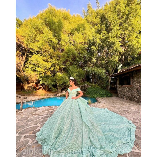 Sage Green Quinceanera Dress Off Shoulder Vestidos De 15 Anos Sequin Wear Pageant Sweetheart Neck Sweet 15 Prom Party Dresses