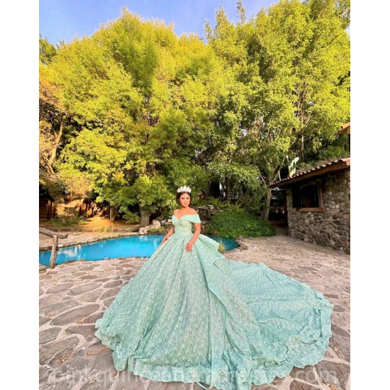 Sage Green Quinceanera Dress Off Shoulder Vestidos De 15 Anos Sequin Wear Pageant Sweetheart Neck Sweet 15 Prom Party Dresses