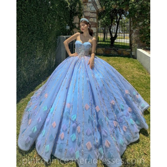 Sleeveless Sky Blue Quince Dress Crystal Birthday Party Gowns Sweetheart Neck Sequin Girls Ball Gown Sweet 16 Dresses