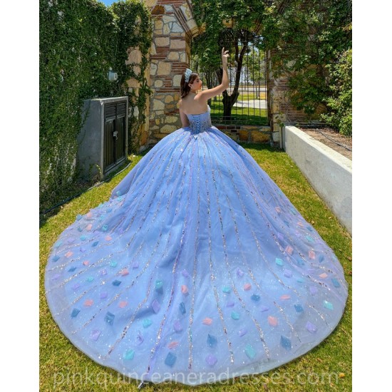 Sleeveless Sky Blue Quince Dress Crystal Birthday Party Gowns Sweetheart Neck Sequin Girls Ball Gown Sweet 16 Dresses