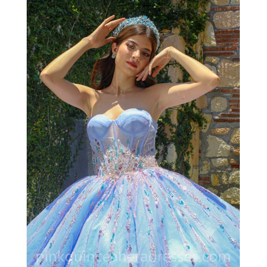 Sleeveless Sky Blue Quince Dress Crystal Birthday Party Gowns Sweetheart Neck Sequin Girls Ball Gown Sweet 16 Dresses