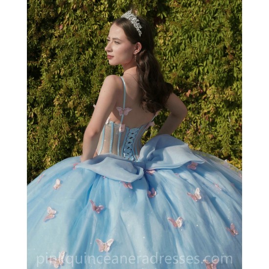 Off Shoulder Sky Blue Quinceanera Dress 3D Butterfly Sweet 15 Prom Party Gowns Sheer Bodice Wear Pageant With Bow