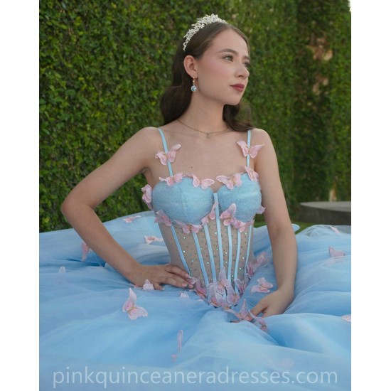 Off Shoulder Sky Blue Quinceanera Dress 3D Butterfly Sweet 15 Prom Party Gowns Sheer Bodice Wear Pageant With Bow