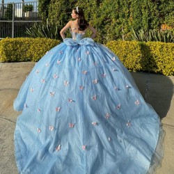 Off Shoulder Sky Blue Quinceanera Dress 3D Butterfly Sweet 15 Prom Party Gowns Sheer Bodice Wear Pageant With Bow