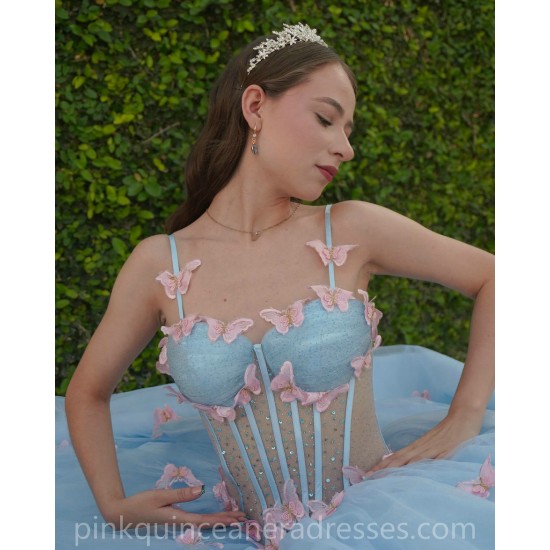 Off Shoulder Sky Blue Quinceanera Dress 3D Butterfly Sweet 15 Prom Party Gowns Sheer Bodice Wear Pageant With Bow