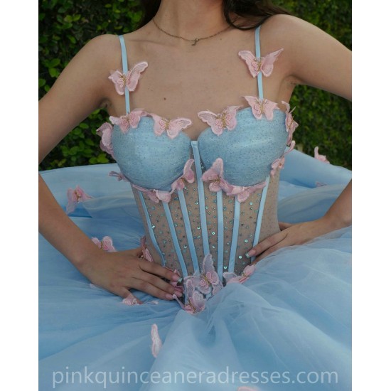 Off Shoulder Sky Blue Quinceanera Dress 3D Butterfly Sweet 15 Prom Party Gowns Sheer Bodice Wear Pageant With Bow