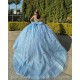 Off Shoulder Sky Blue Quinceanera Dress 3D Butterfly Sweet 15 Prom Party Gowns Sheer Bodice Wear Pageant With Bow