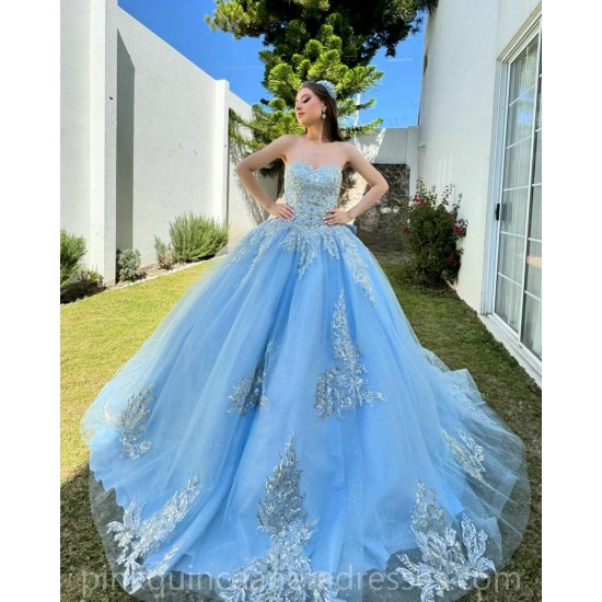 Sleeveless Sky Blue Quinceanera Dress Lace Appliques Birthday Party Dresses Sweetheart Neck Vestidos De 15 Anos With Bow