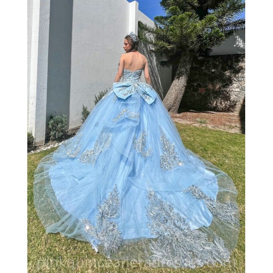 Sleeveless Sky Blue Quinceanera Dress Lace Appliques Birthday Party Dresses Sweetheart Neck Vestidos De 15 Anos With Bow