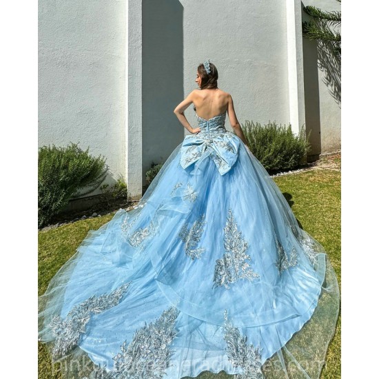 Sleeveless Sky Blue Quinceanera Dress Lace Appliques Birthday Party Dresses Sweetheart Neck Vestidos De 15 Anos With Bow