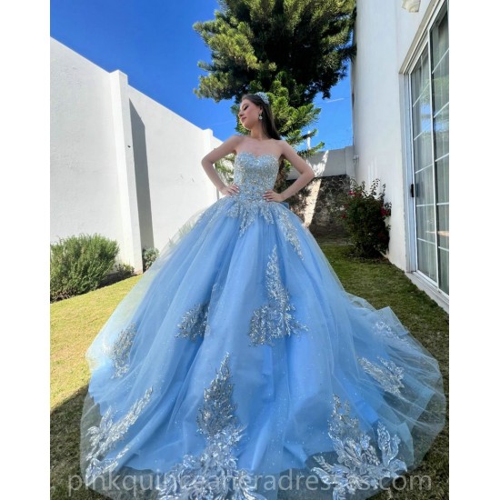 Sleeveless Sky Blue Quinceanera Dress Lace Appliques Birthday Party Dresses Sweetheart Neck Vestidos De 15 Anos With Bow