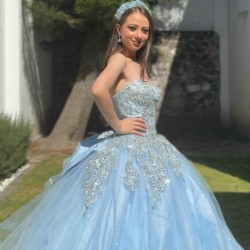 Sleeveless Sky Blue Quinceanera Dress Lace Appliques Birthday Party Dresses Sweetheart Neck Vestidos De 15 Anos With Bow