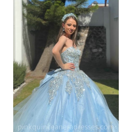 Sleeveless Sky Blue Quinceanera Dress Lace Appliques Birthday Party Dresses Sweetheart Neck Vestidos De 15 Anos With Bow