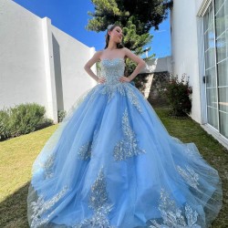 Sleeveless Sky Blue Quinceanera Dress Lace Appliques Birthday Party Dresses Sweetheart Neck Vestidos De 15 Anos With Bow