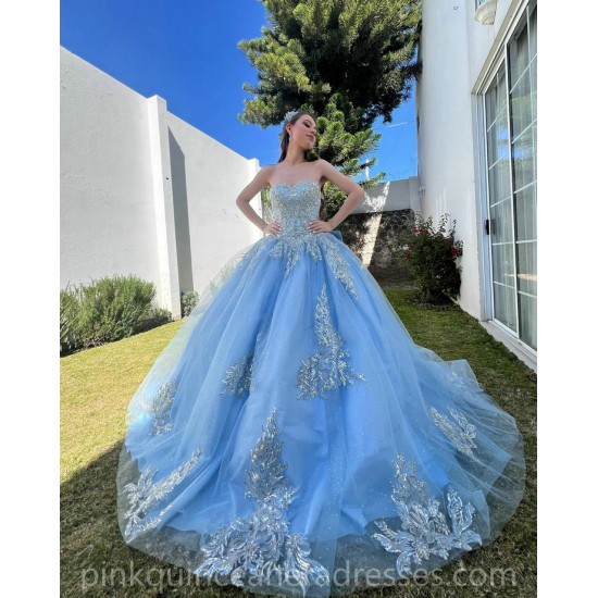 Sleeveless Sky Blue Quinceanera Dress Lace Appliques Birthday Party Dresses Sweetheart Neck Vestidos De 15 Anos With Bow